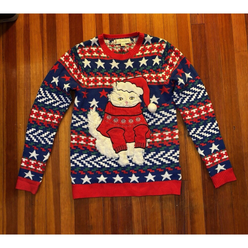 Jolly Sweaters Cute Kitty Cat  Ugly Christmas Sweater Size SM  Red Blue